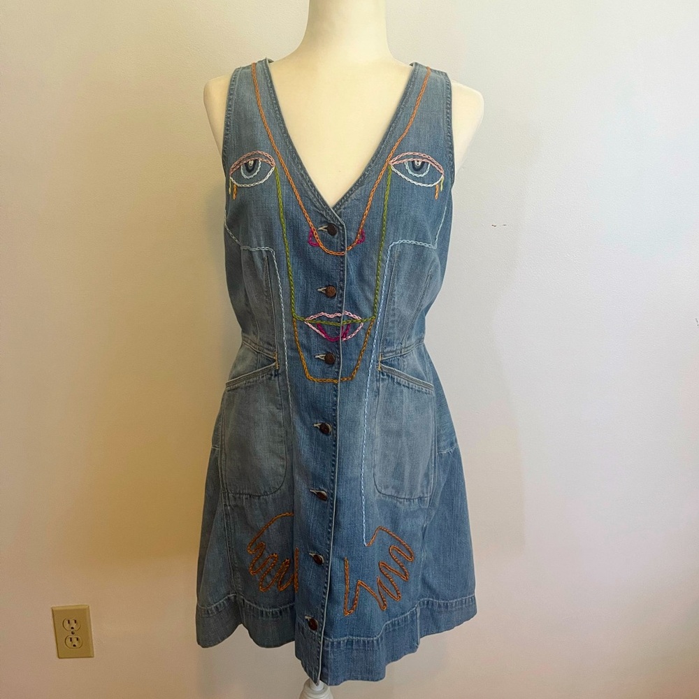 Levi's Blue Sleeveless Denim V-neck Sundress Hand Embroidered